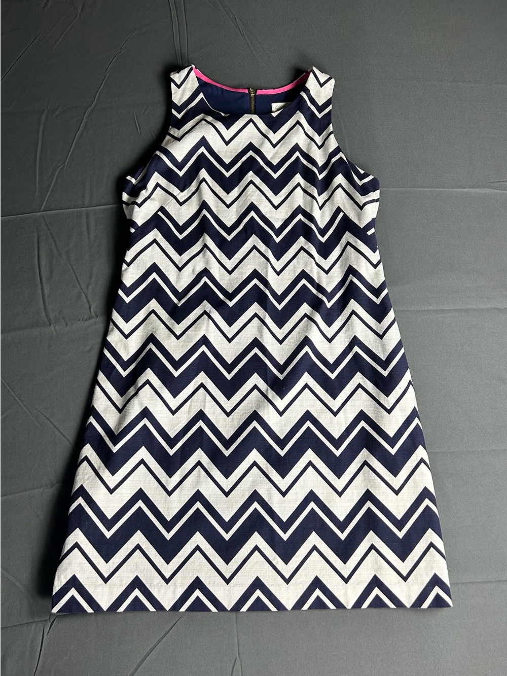 Eliza J Navy and White Chevron Shift Dress with Pink Trim